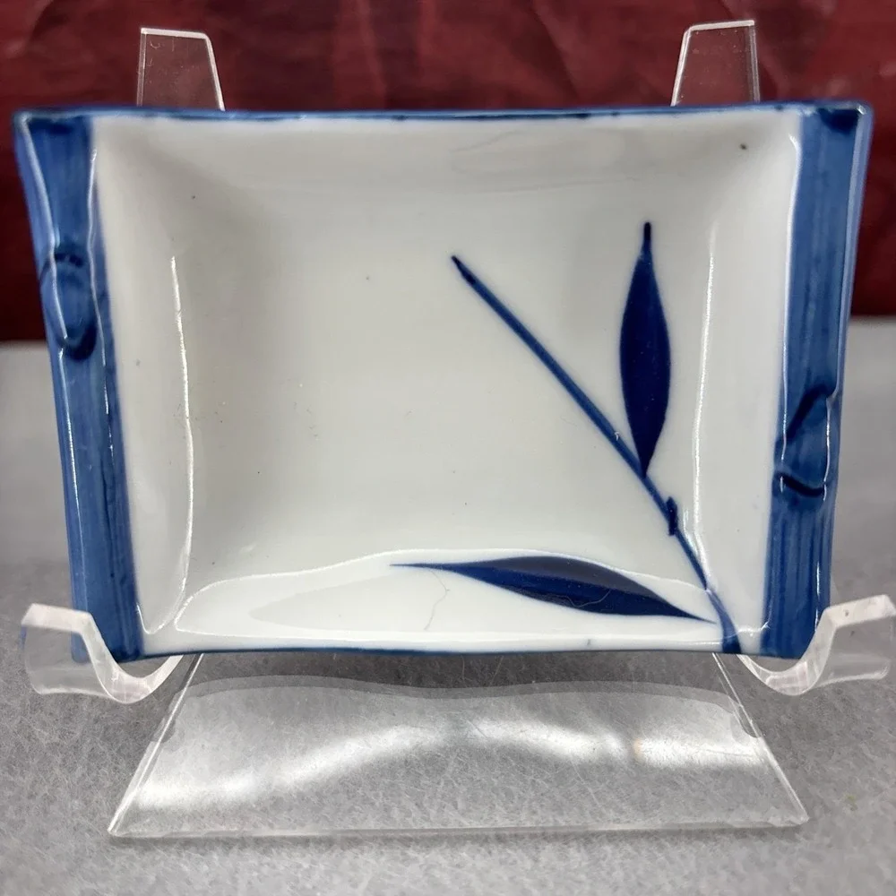 Vintage‎ Blue & White BAMBOO Design Sashimi Plate & Sauce Dishes 1970s Japan 3pc
